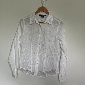 Forwear New York White Cotton Button Up Shirt with Floral Embroidery and Beading